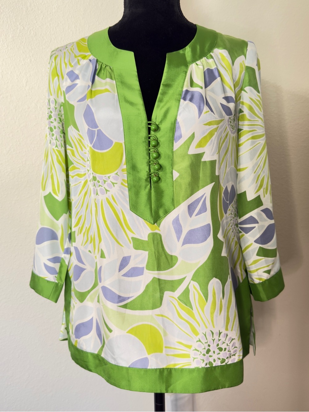 Lime Green 100% Silk Floral Split-Neck Tunic Top